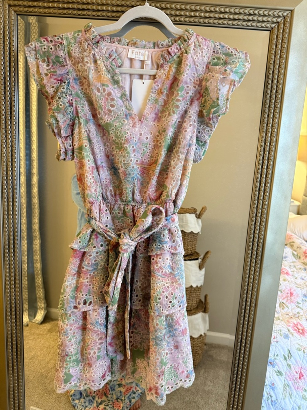 Fate Pastel Eyelet Tie-Waist Mini Dress - Pink Multi